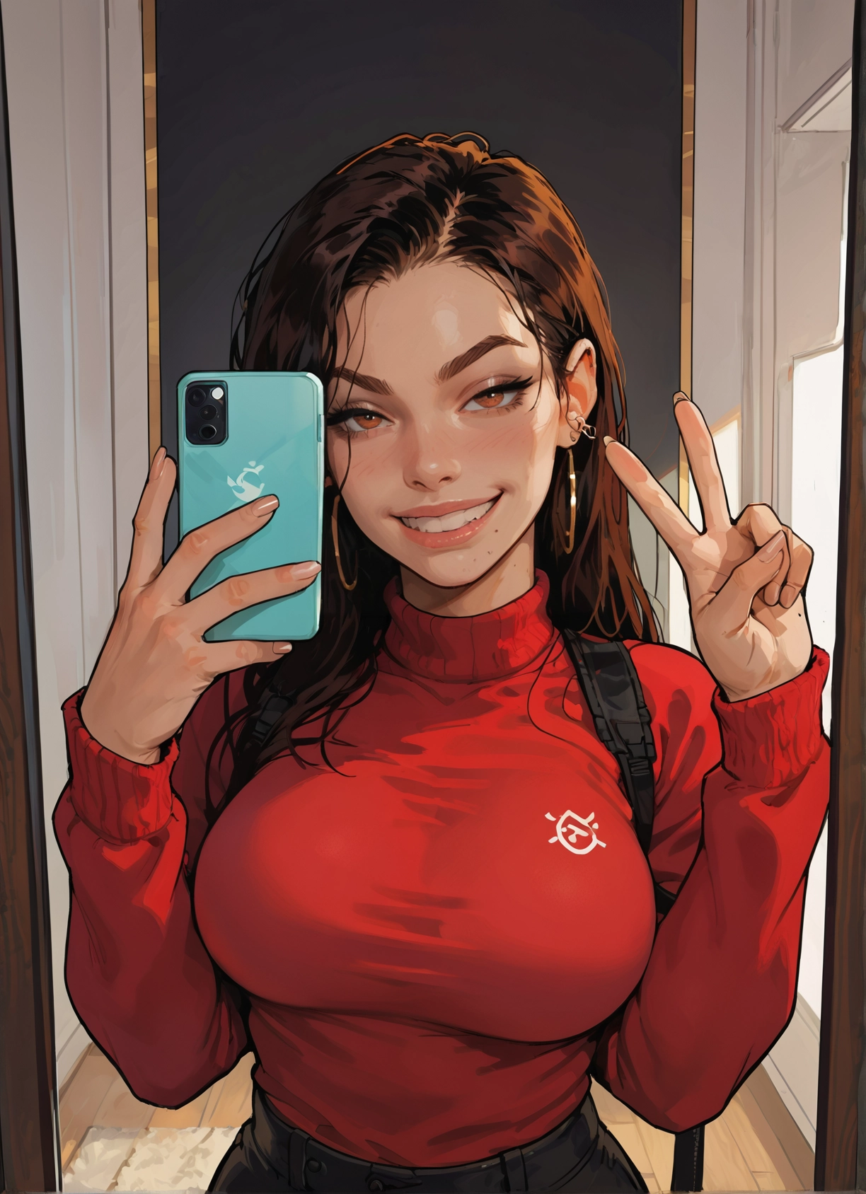 1girl, phone, breasts, jewelry, earrings, smile · Yamete.gg