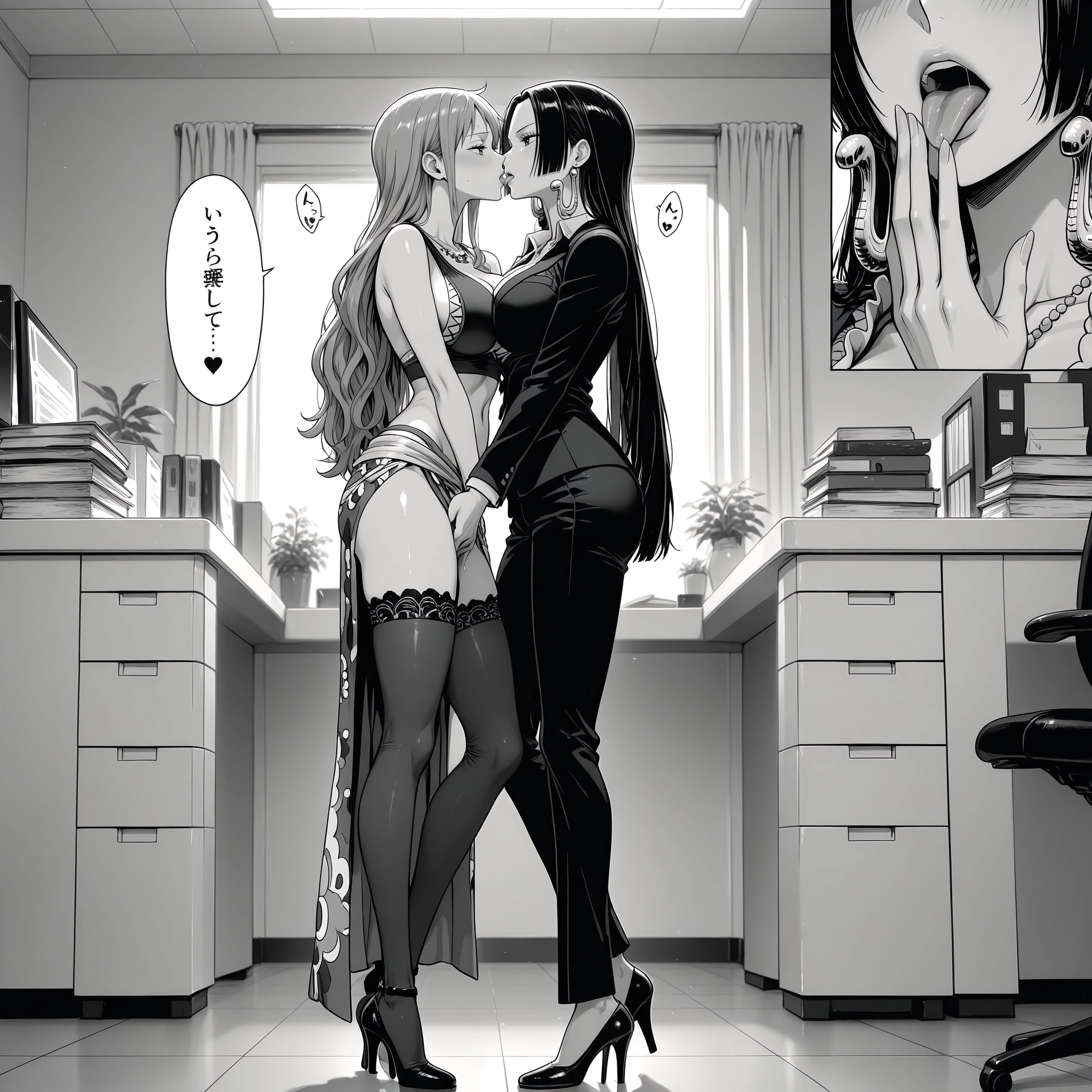 monochrome, greyscale, multiple girls, 2girls, yuri, high heels · Yamete.gg
