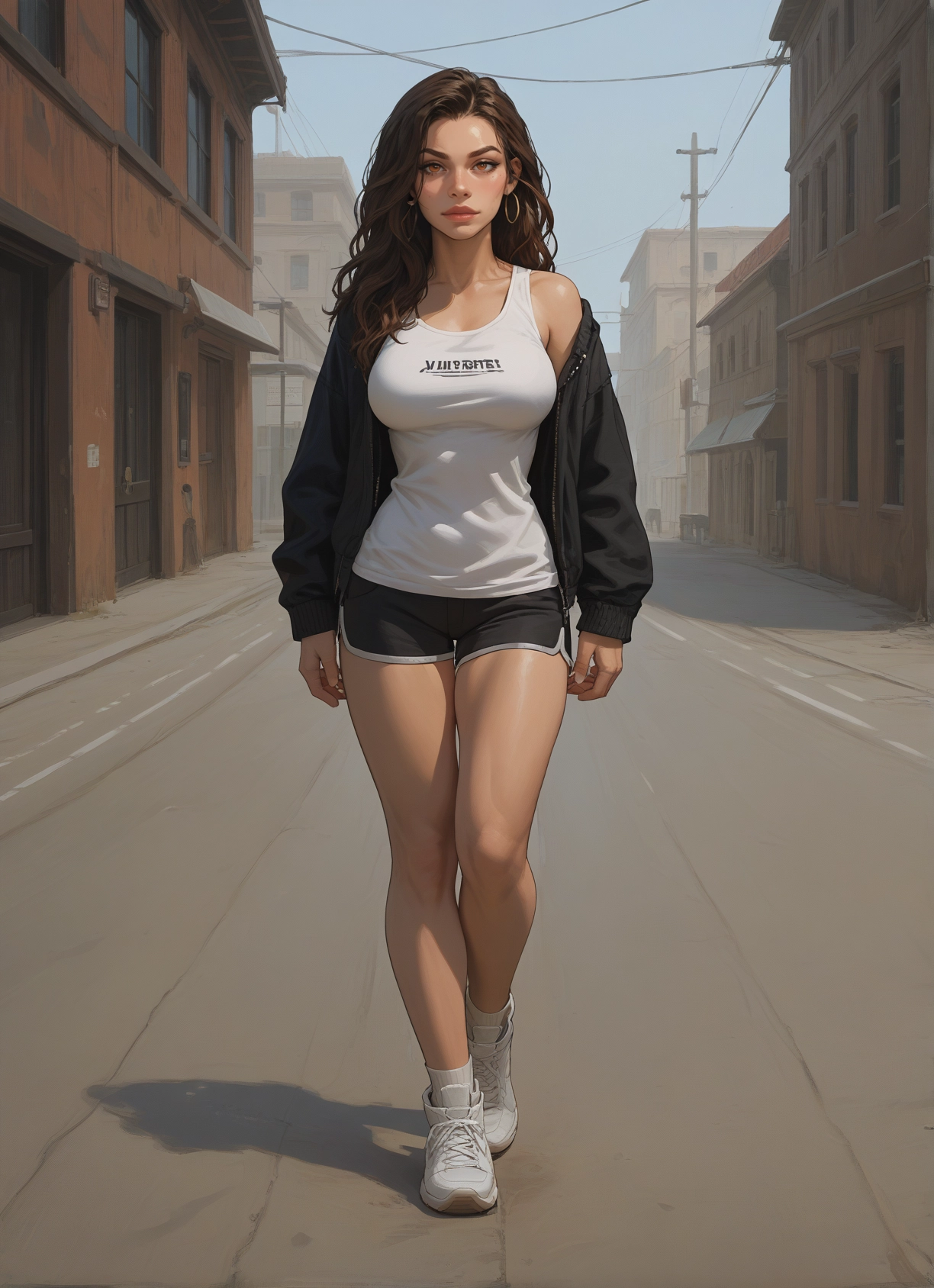 1girl, shorts, breasts, solo, jewelry, earrings · Yamete.gg