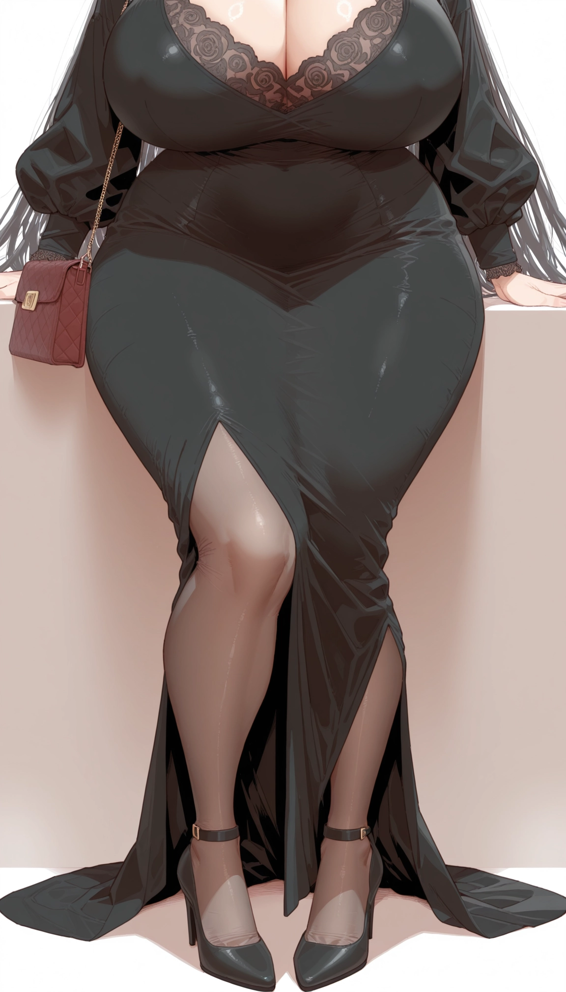 1girl, breasts, dress, bag, high heels, cleavage · Yamete.gg
