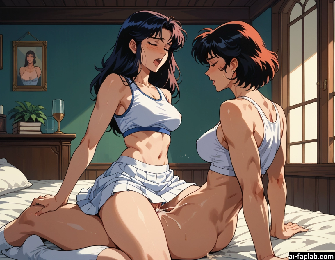 futanari, multiple girls, 2girls, breasts, cum, skirt · Yamete.gg