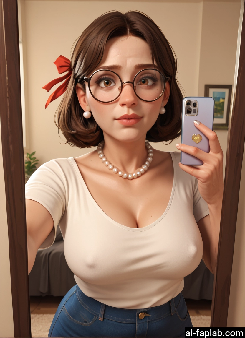 1girl, breasts, glasses, brown hair, phone, jewelry