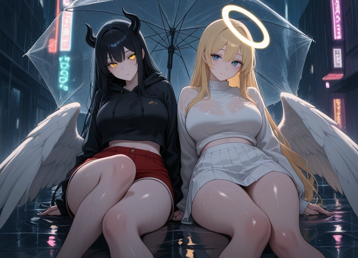 multiple girls, 2girls, wings, blonde hair, umbrella, skirt · Yamete.gg