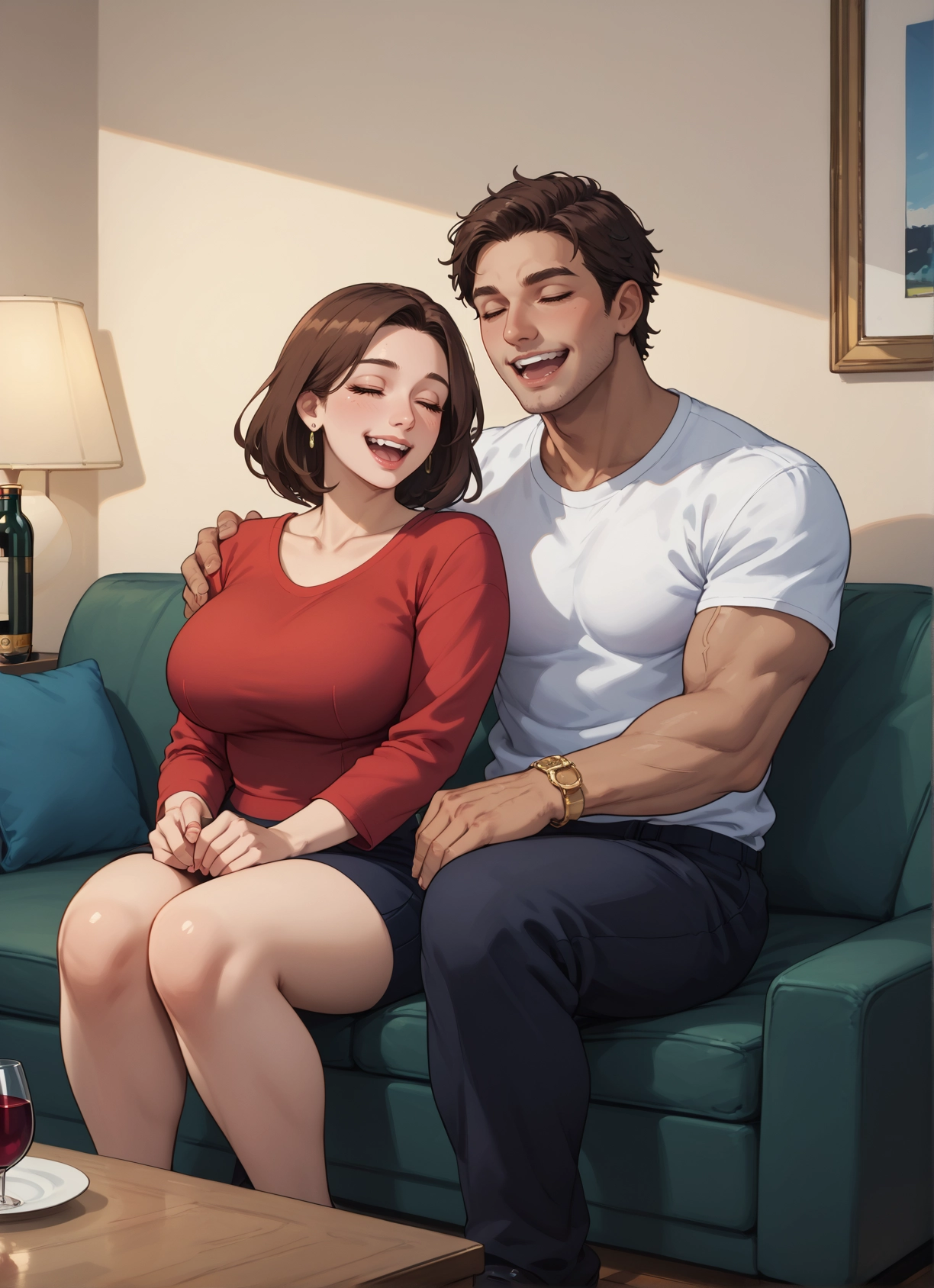 1girl, 1boy, brown hair, breasts, watch, cup · Yamete.gg