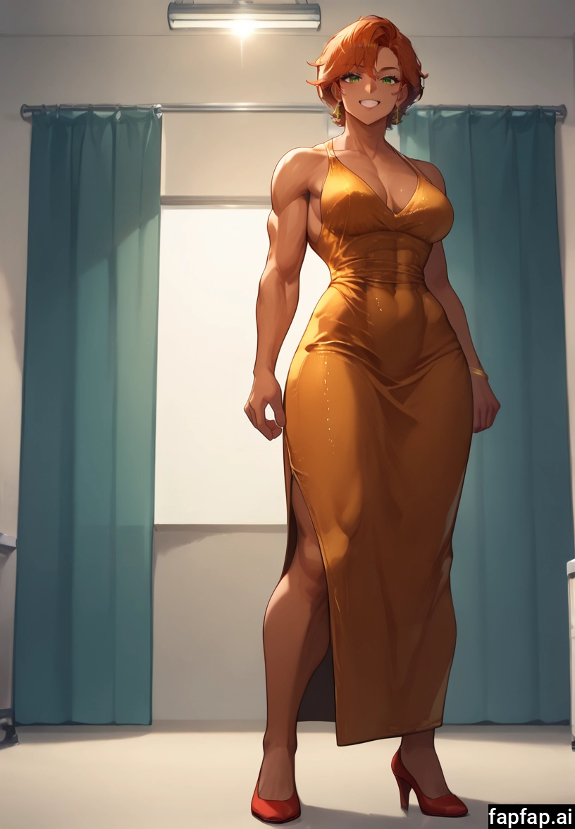 1girl, dress, breasts, high heels, muscular female, earrings · Yamete.gg