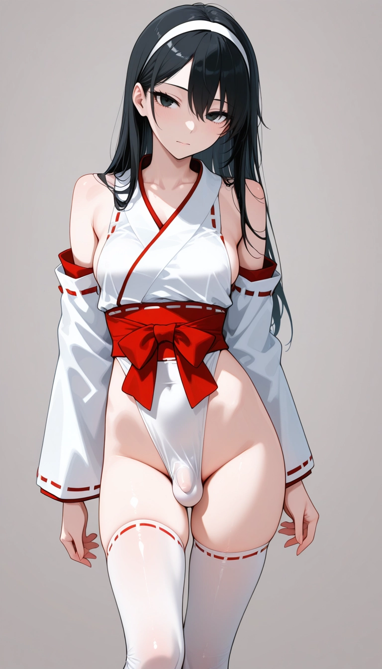 solo, thighhighs, otoko no ko, black hair, detached sleeves, white thighhighs · Yamete.gg