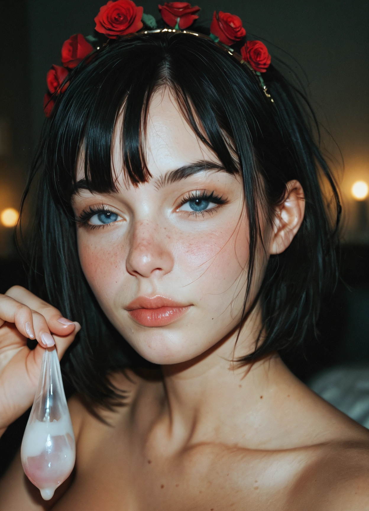 1girl, used condom, solo, flower, black hair, condom · Yamete.gg