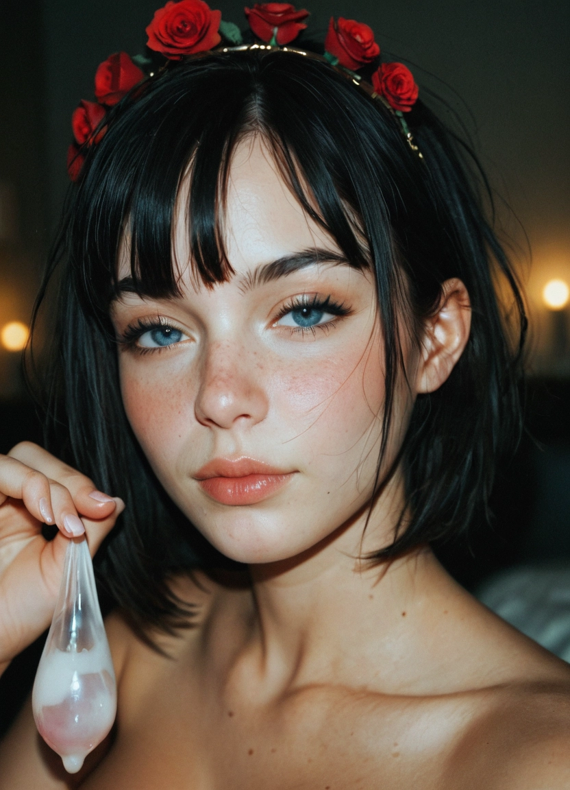 1girl, used condom, solo, flower, black hair, condom