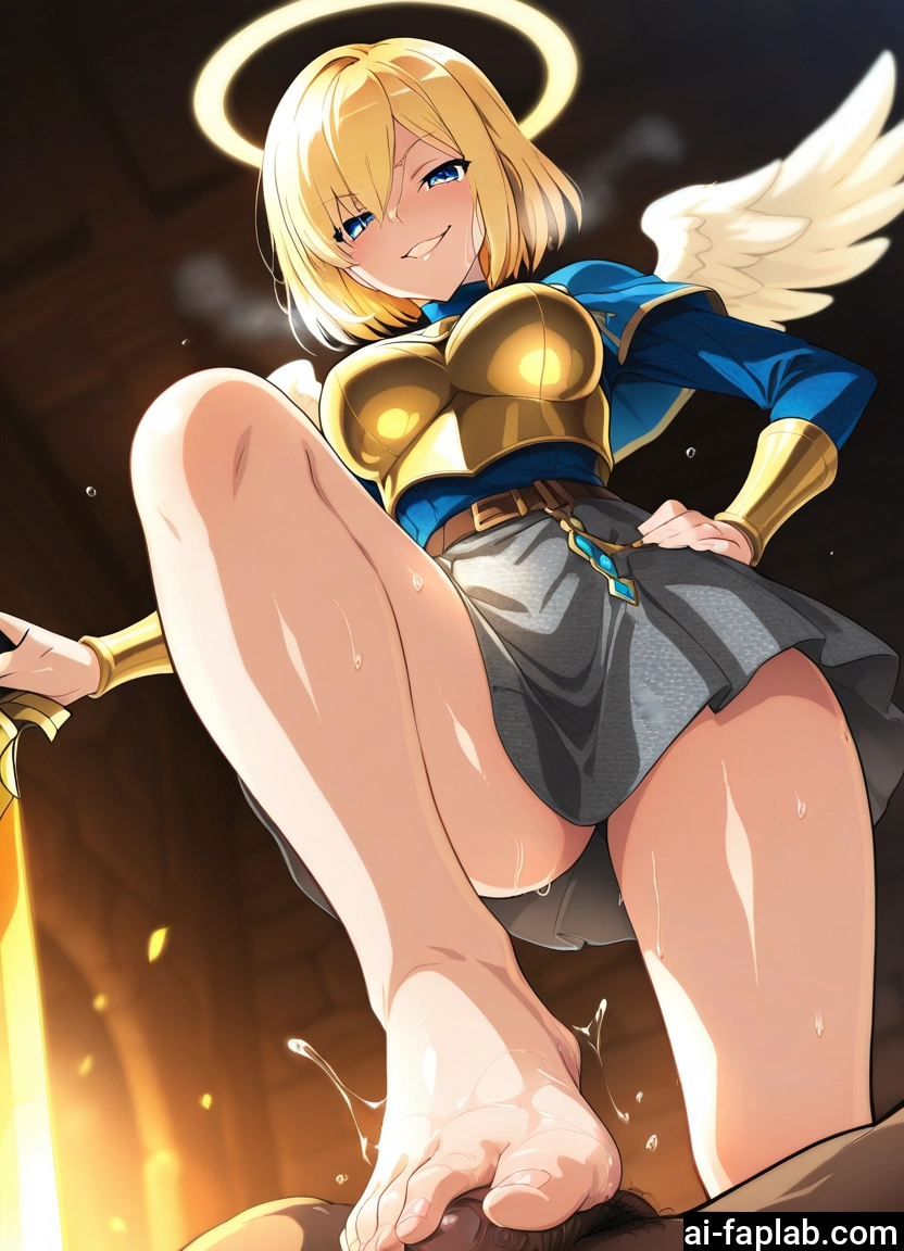 1girl, blonde hair, wings, barefoot, penis, halo