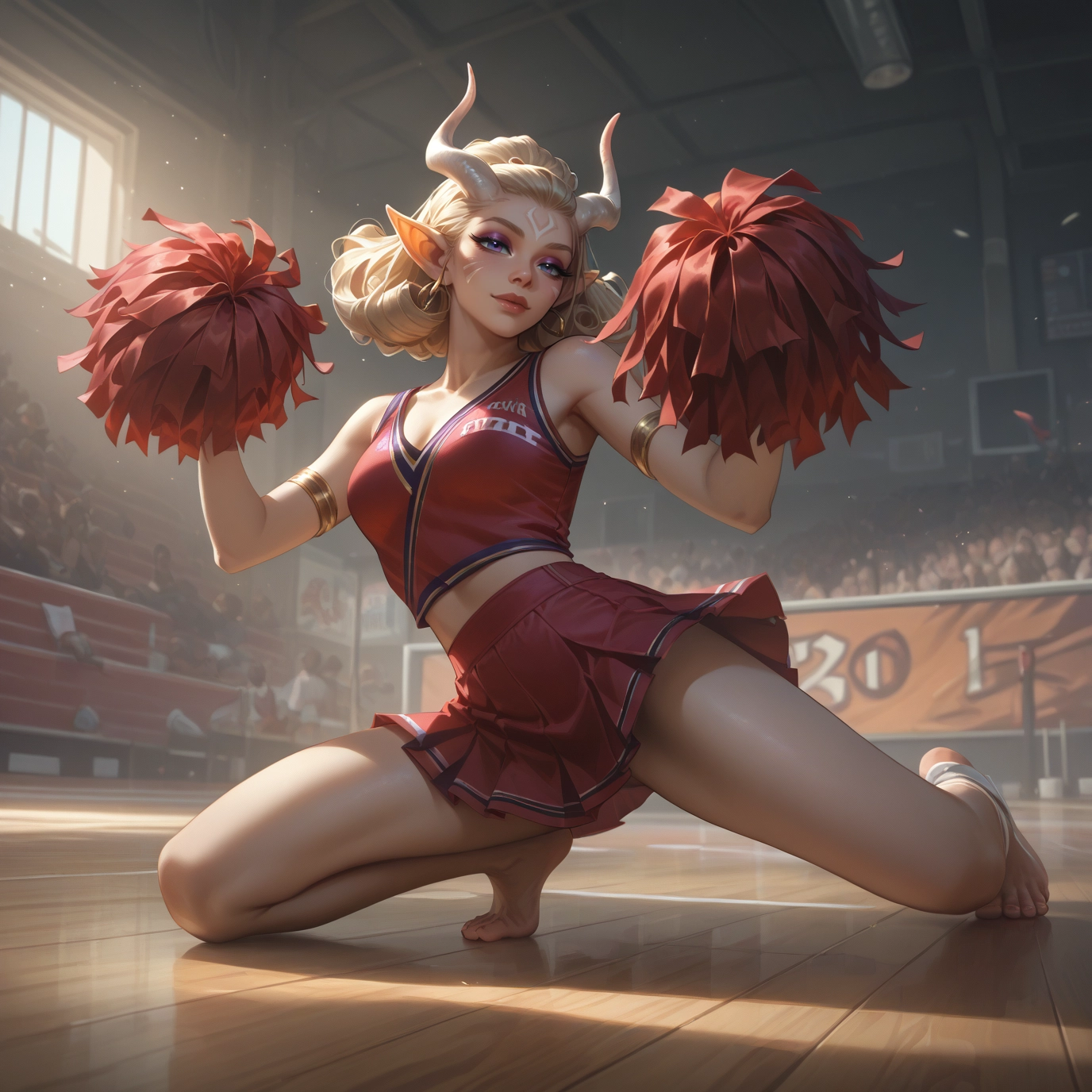 1girl, horns, cheerleader, pom pom (cheerleading), skirt, pointy ears · Yamete.gg
