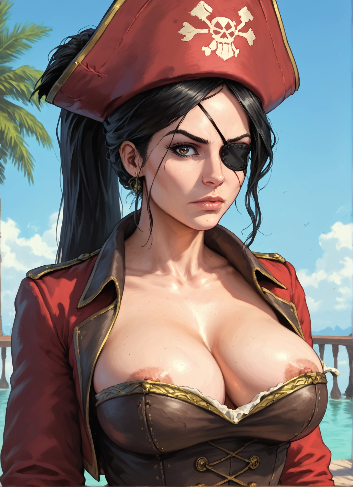 1girl, breasts, nipples, eyepatch, solo, hat · Yamete.gg