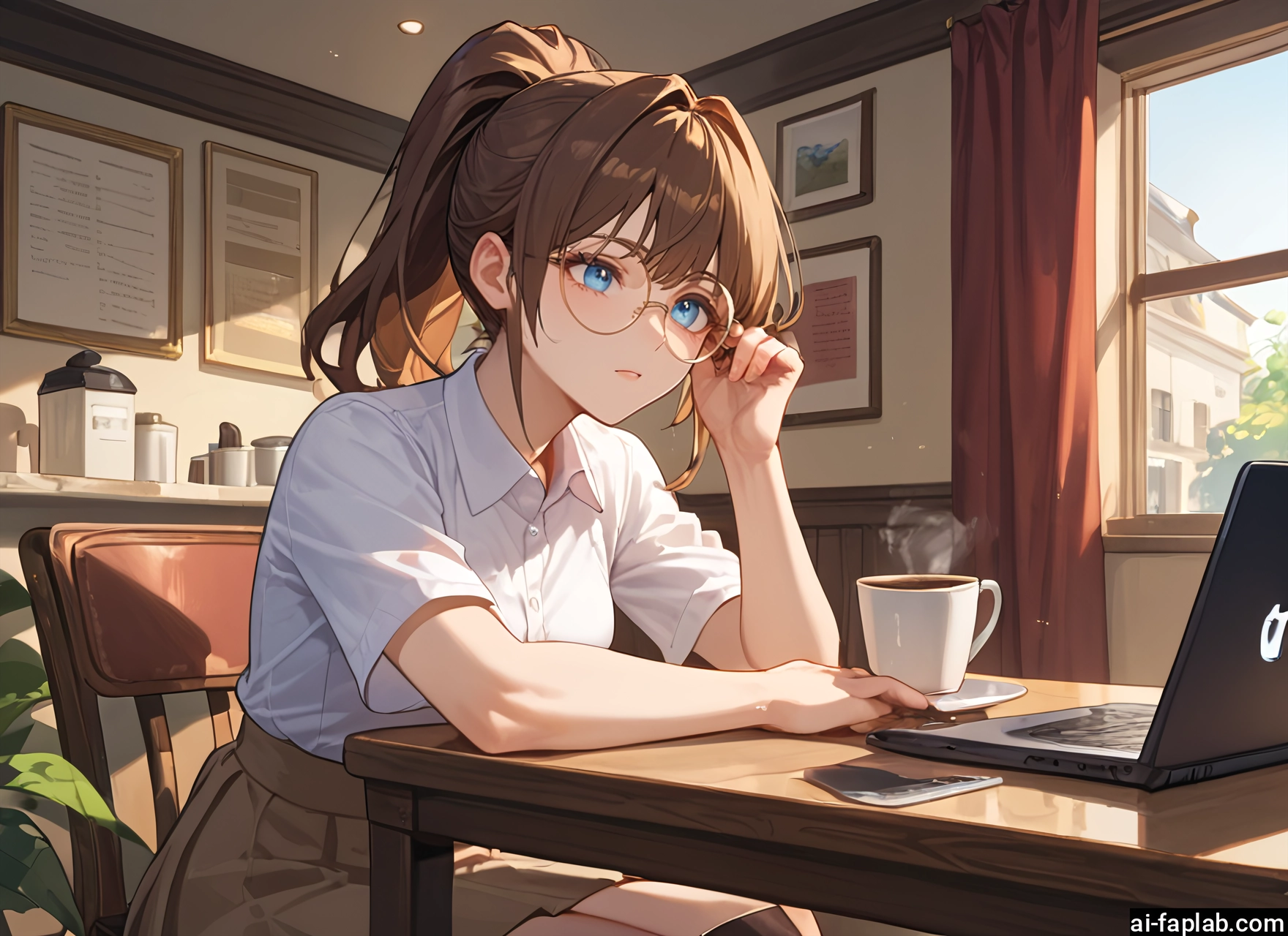1girl, solo, skirt, blue eyes, cup, brown hair · Yamete.gg
