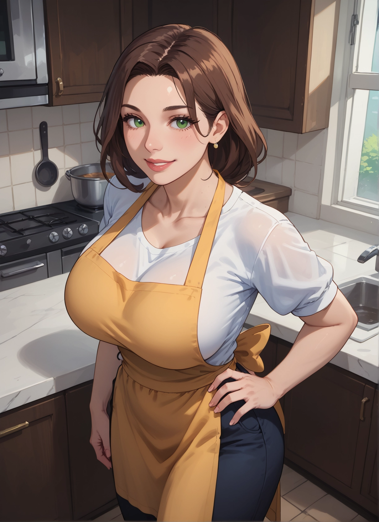 1girl, breasts, green eyes, apron, brown hair, pants · Yamete.gg