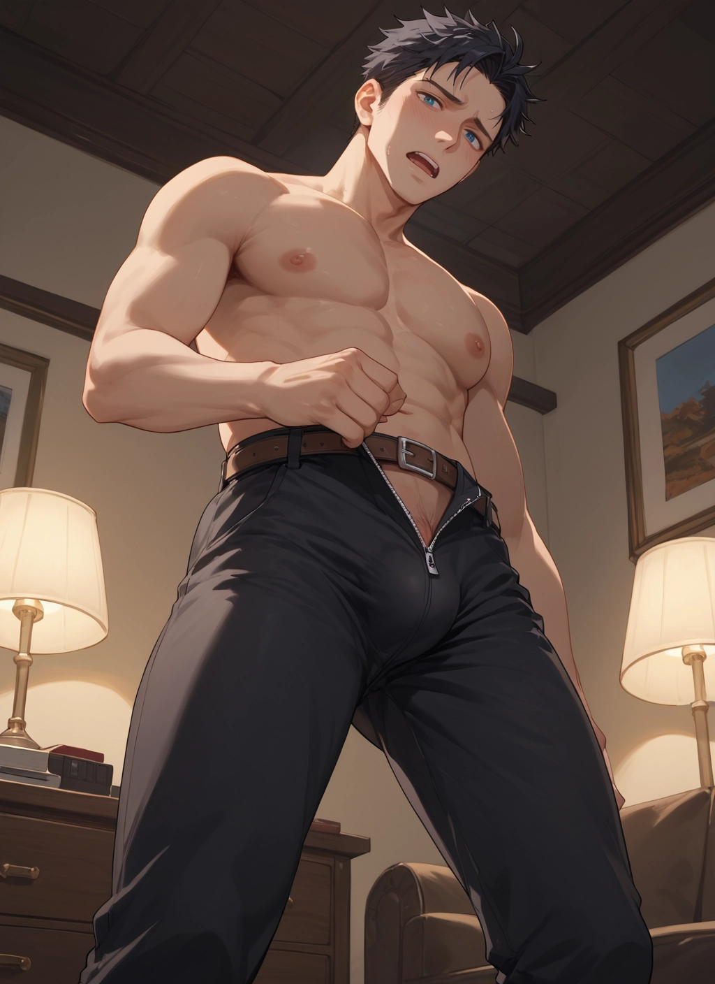 male focus, 1boy, nipples, pectorals, solo, pants · Yamete.gg