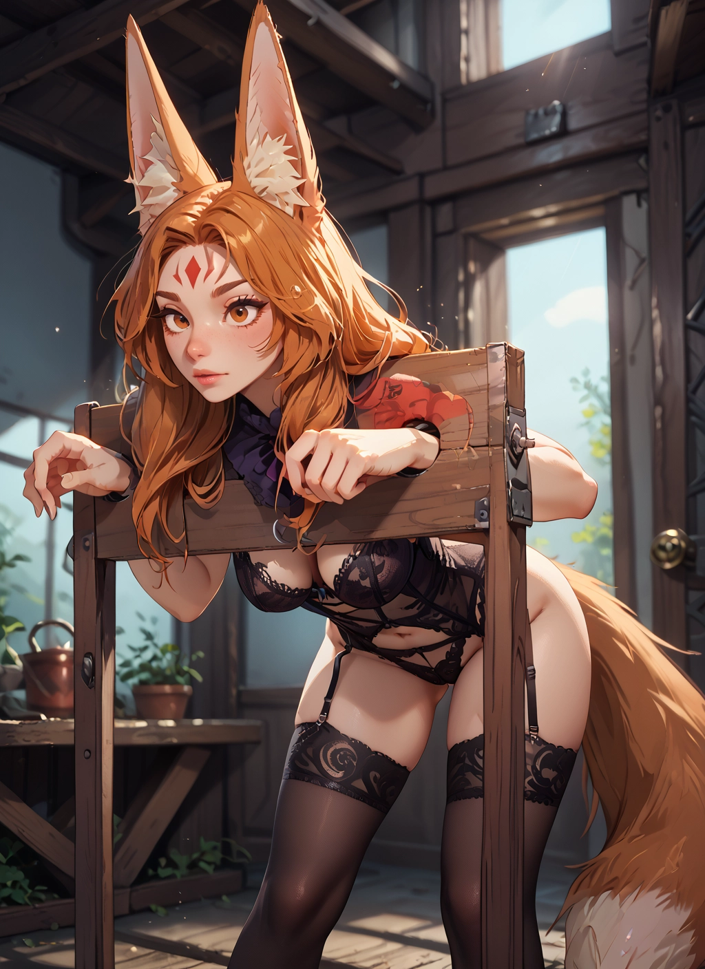 1girl, animal ears, tail, thighhighs, breasts, solo · Yamete.gg