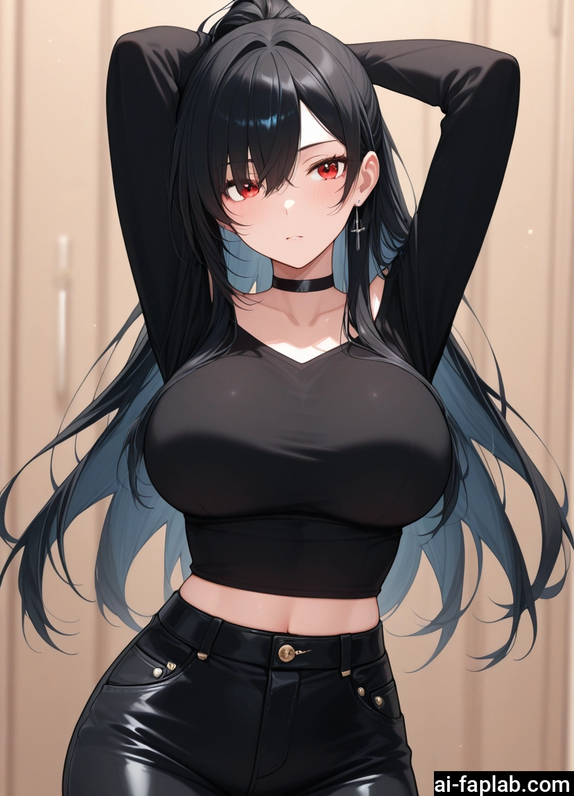 1girl, breasts, red eyes, black hair, choker, jewelry · Yamete.gg
