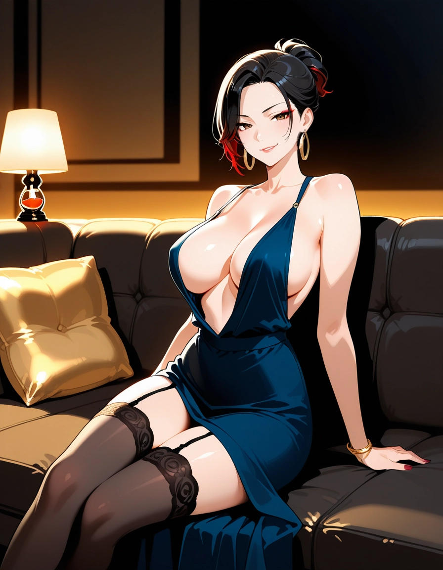 1girl, breasts, jewelry, solo, black hair, dress · Yamete.gg