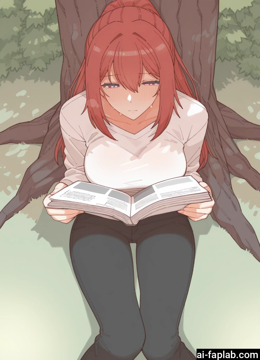 1girl, book, solo, tree, pants, breasts