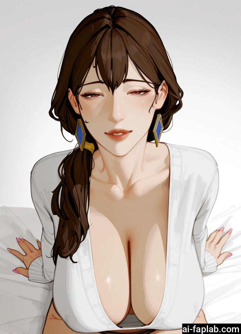 1girl, breasts, jewelry, brown hair, cleavage, earrings