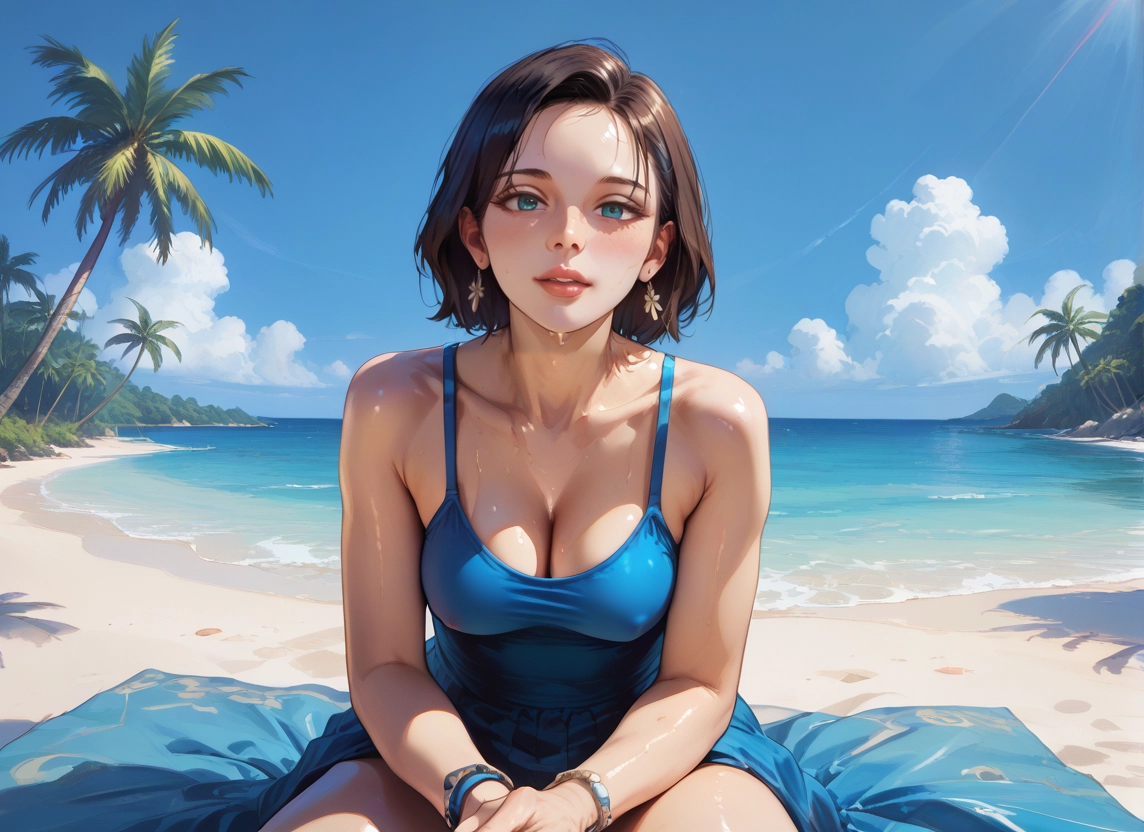1girl, breasts, jewelry, dress, beach, solo · Yamete.gg
