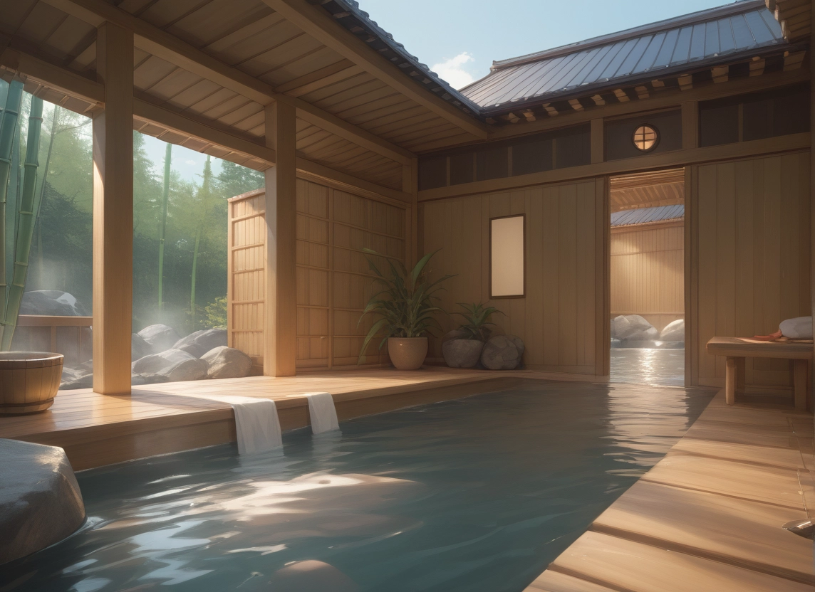 no humans, scenery, bamboo, sky, day, onsen · Yamete.gg