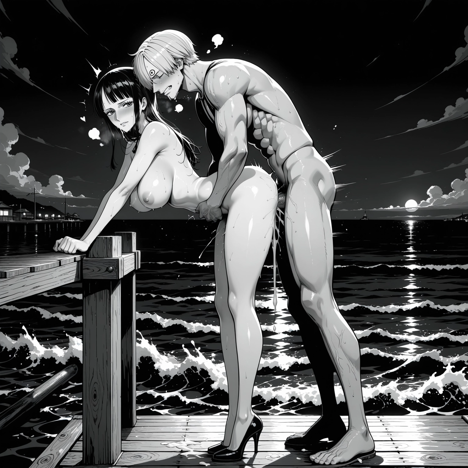 1girl, 1boy, hetero, high heels, breasts, monochrome · Yamete.gg