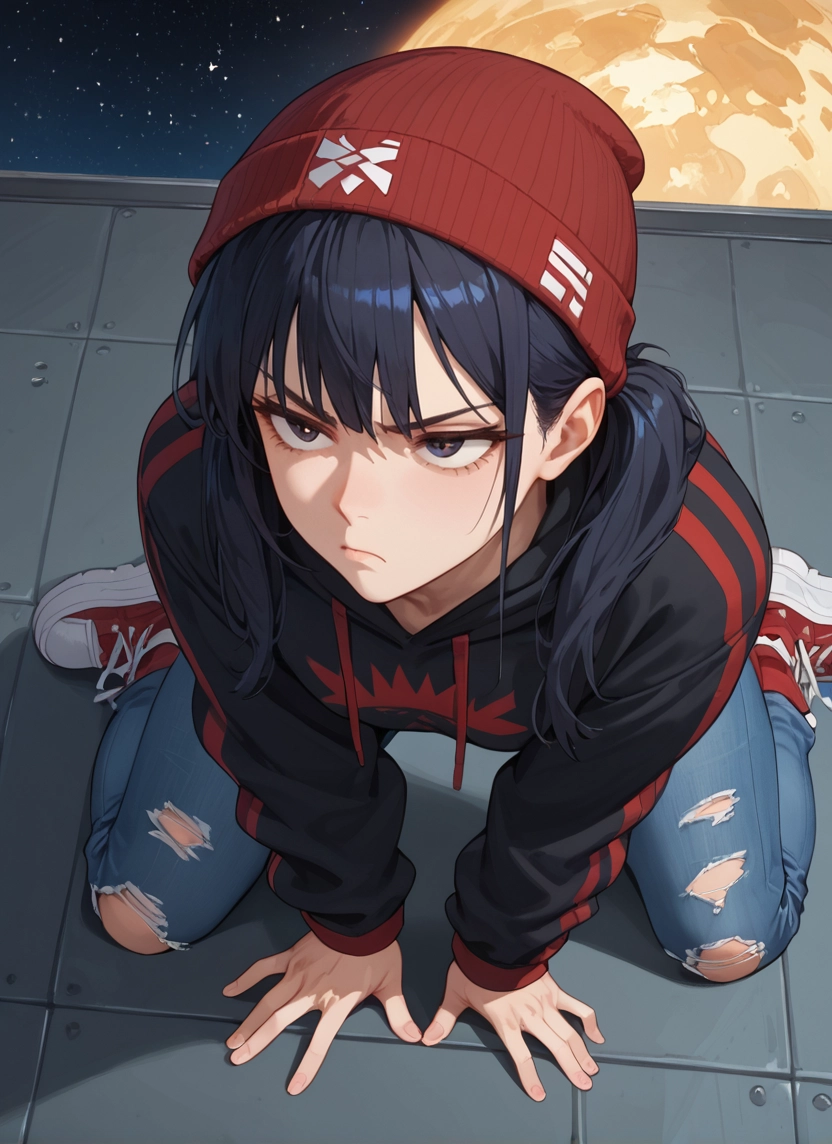 1girl, solo, hat, hood, torn clothes, black hair · Yamete.gg