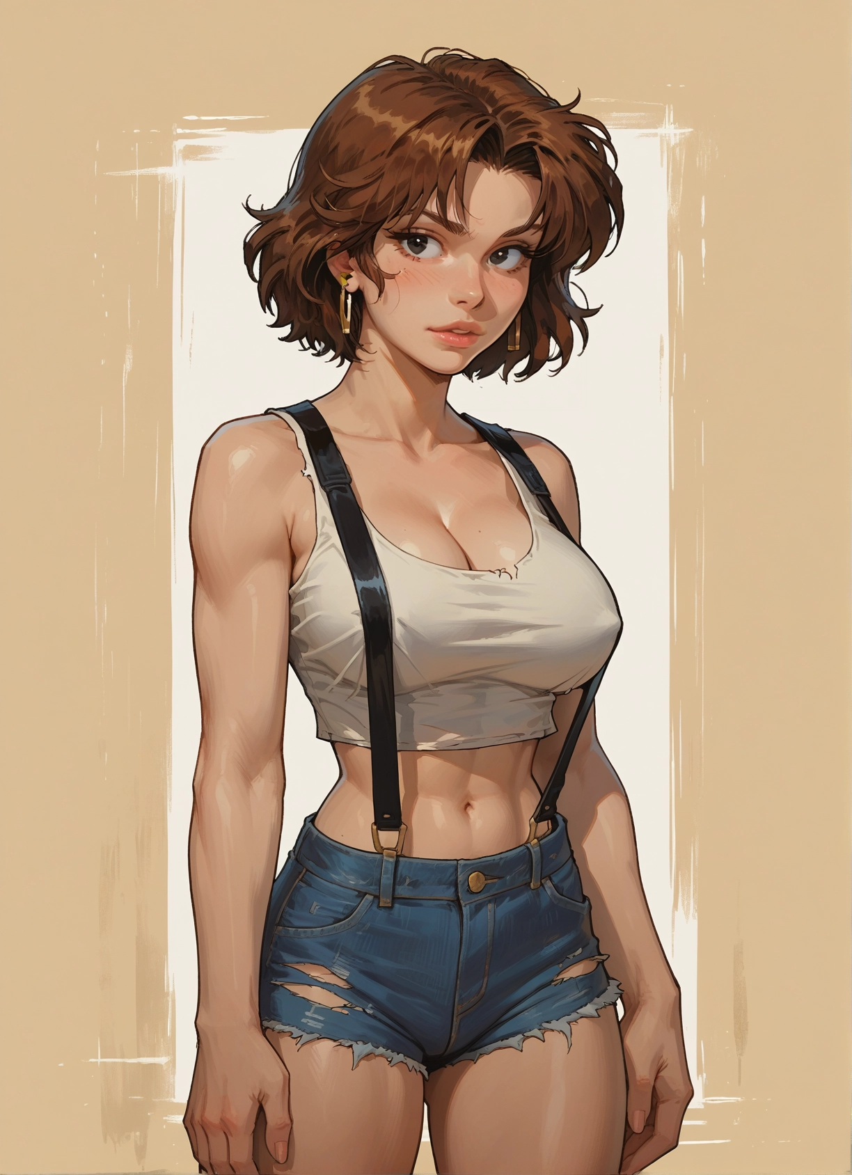 1girl, breasts, shorts, solo, brown hair, short hair · Yamete.gg