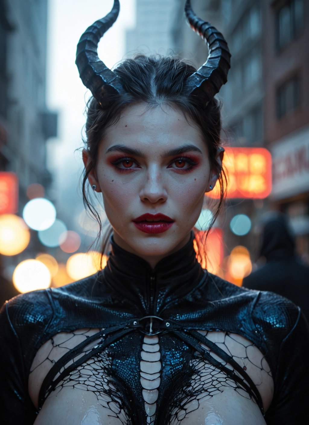 1girl, horns, looking at viewer, jewelry, makeup, earrings · Yamete.gg