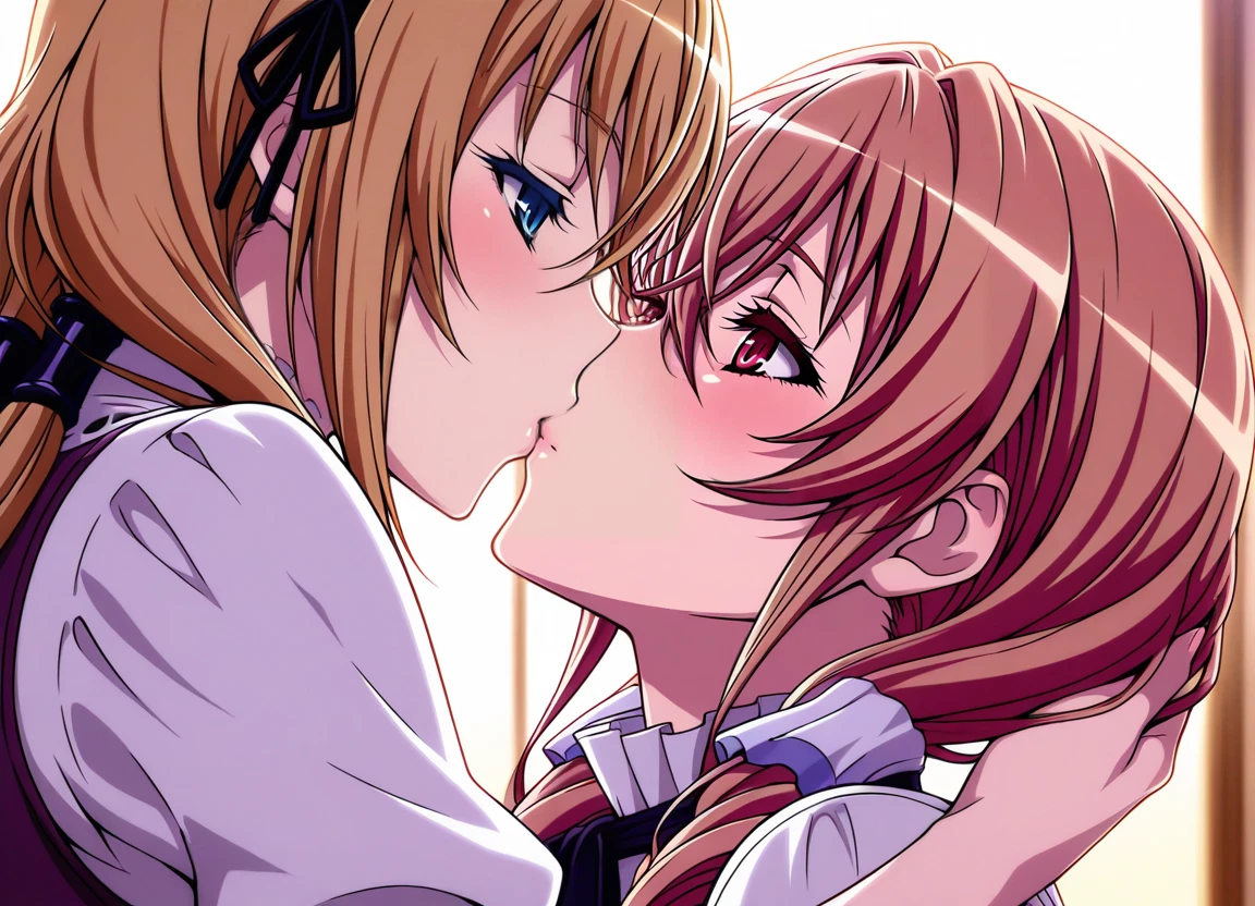 multiple girls, 2girls, yuri, blue eyes, kiss, blush · Yamete.gg