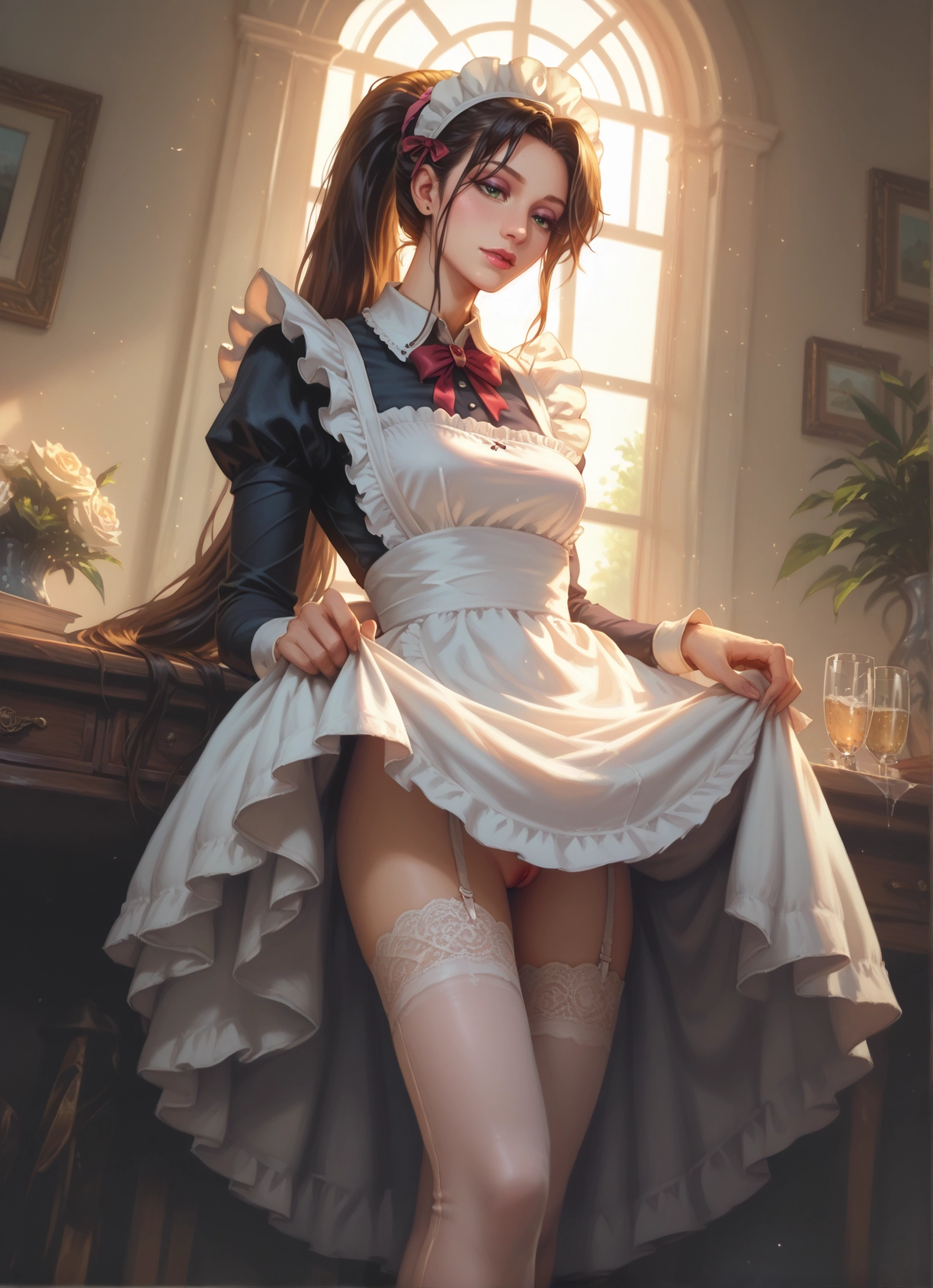 1girl, solo, maid, thighhighs, pussy, maid headdress · Yamete.gg