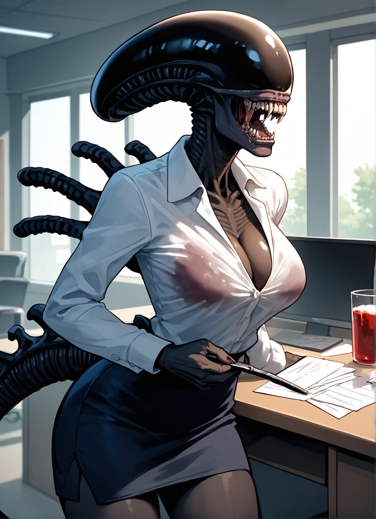 1girl, breasts, skirt, shirt, large breasts, teeth · Yamete.gg