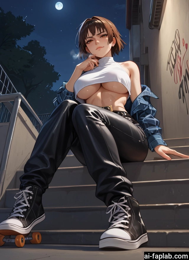 1girl, breasts, brown hair, large breasts, moon, underboob · Yamete.gg