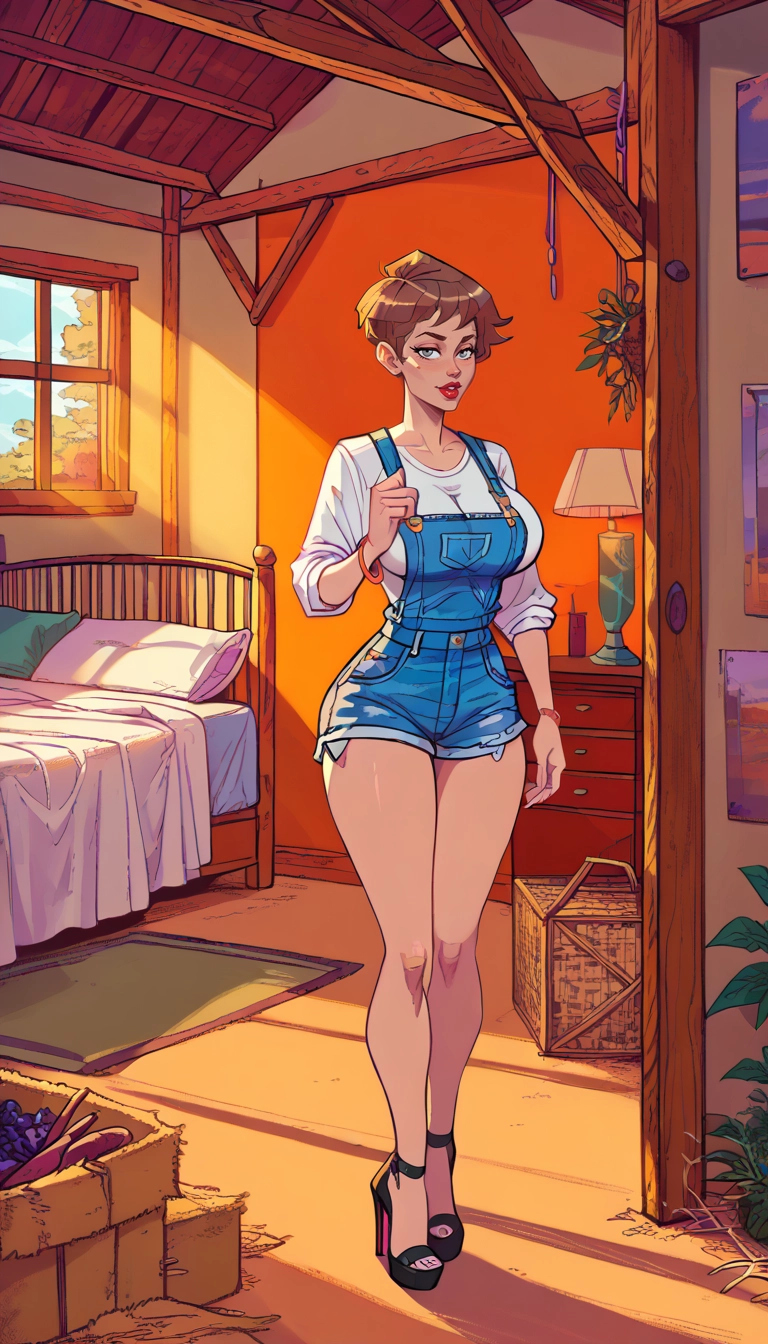 1girl, overalls, breasts, brown hair, solo, short hair