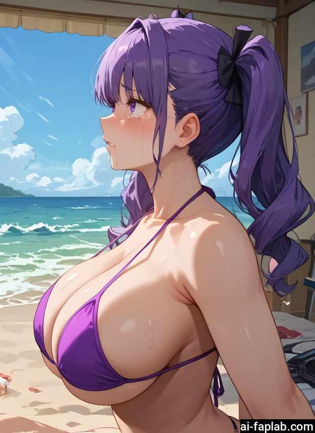 breasts, 1girl, swimsuit, bikini, purple hair, twintails