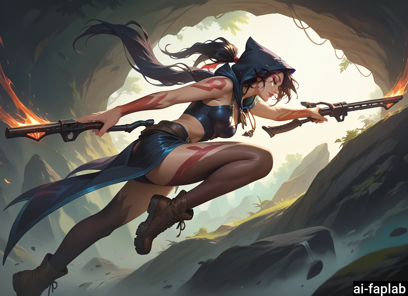 1girl, dual wielding, weapon, solo, long hair, gun