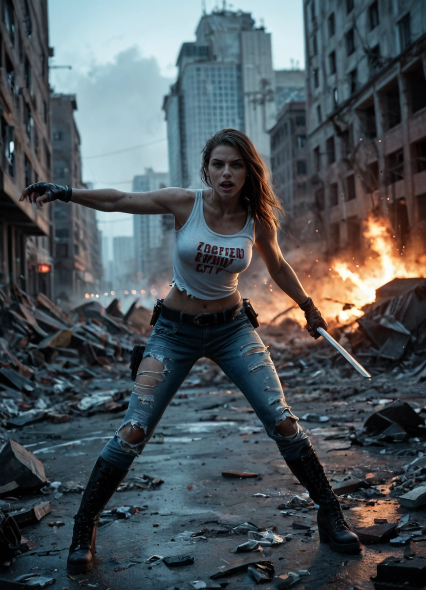 1girl, denim, boots, pants, torn clothes, solo
