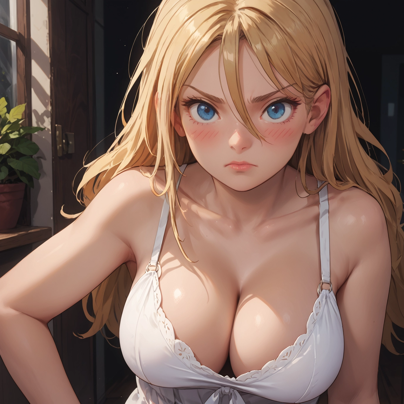 breasts, 1girl, blonde hair, blue eyes, long hair, cleavage · Yamete.gg