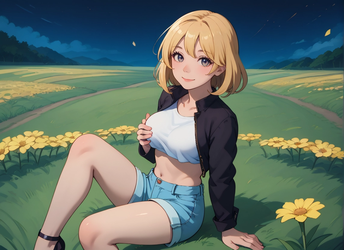 1girl, shorts, flower, solo, navel, breasts · Yamete.gg