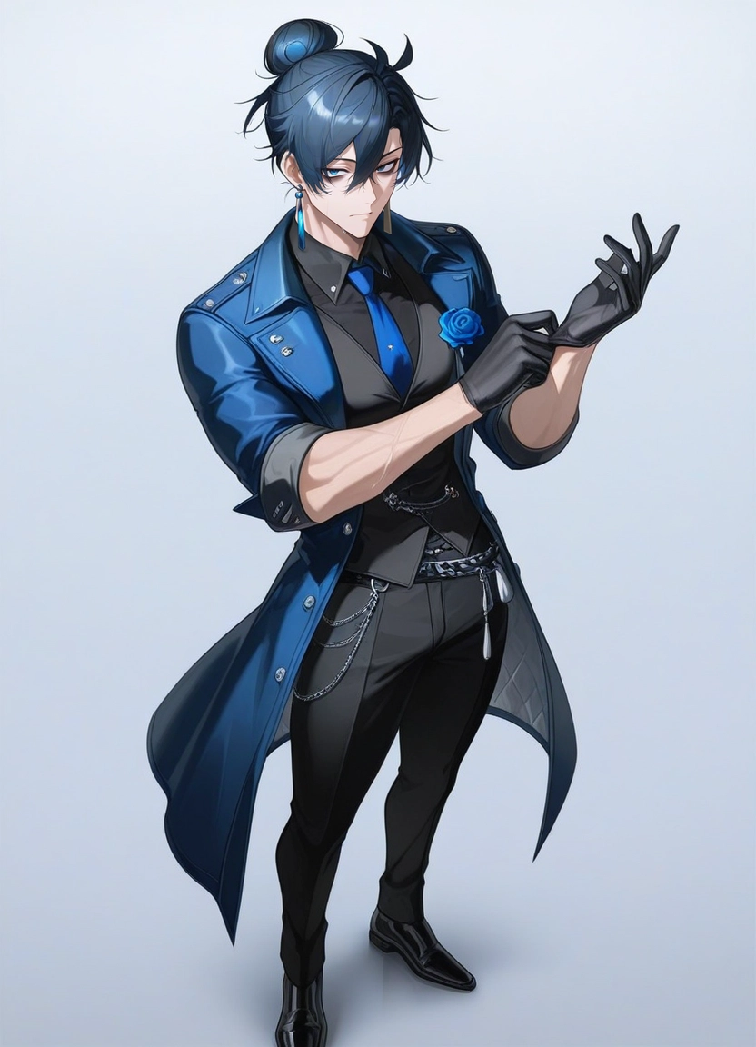 1boy, blue necktie, black shirt, gloves, male focus, necktie · Yamete.gg