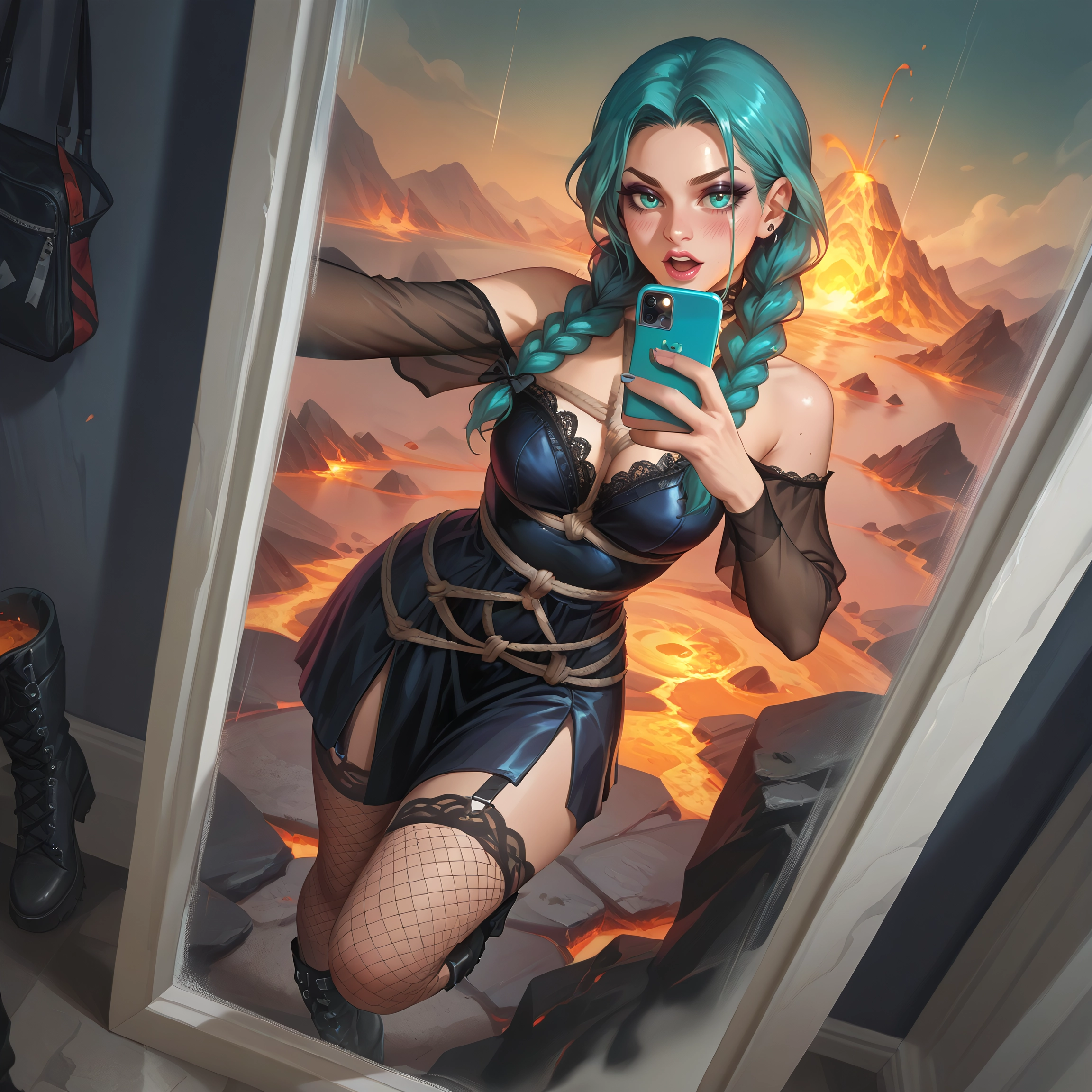 1girl, phone, breasts, braid, cellphone, thighhighs · Yamete.gg