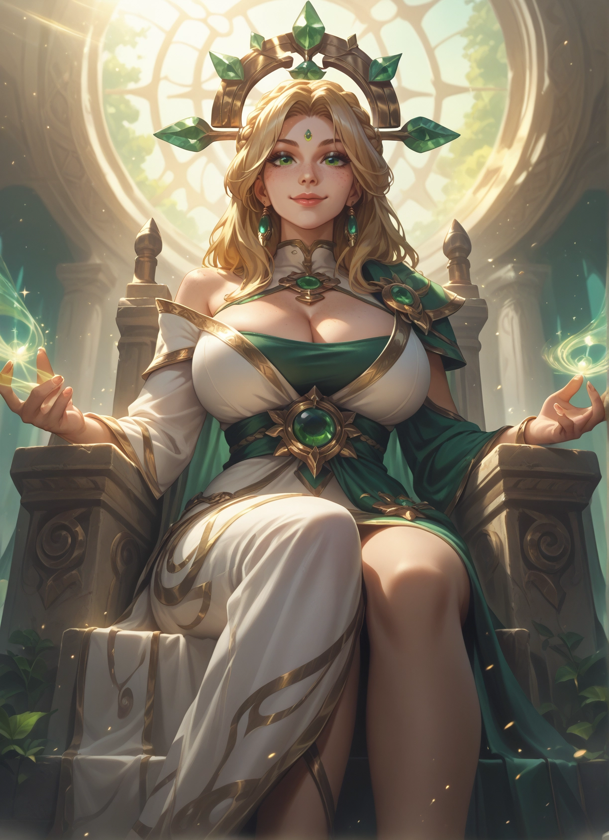 1girl, breasts, blonde hair, green eyes, jewelry, sitting · Yamete.gg