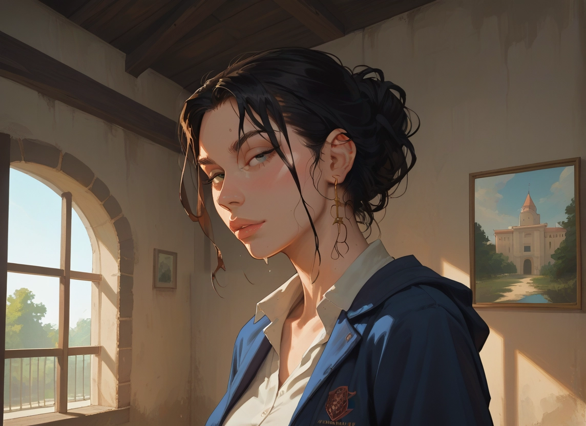 1girl, solo, black hair, jewelry, earrings, window · Yamete.gg