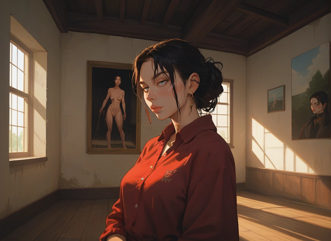 1girl, shirt, indoors, jewelry, wooden floor, black hair · Yamete.gg