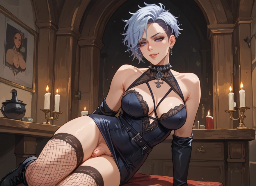 futanari, breasts, 1girl, fishnets, short hair, pussy · Yamete.gg