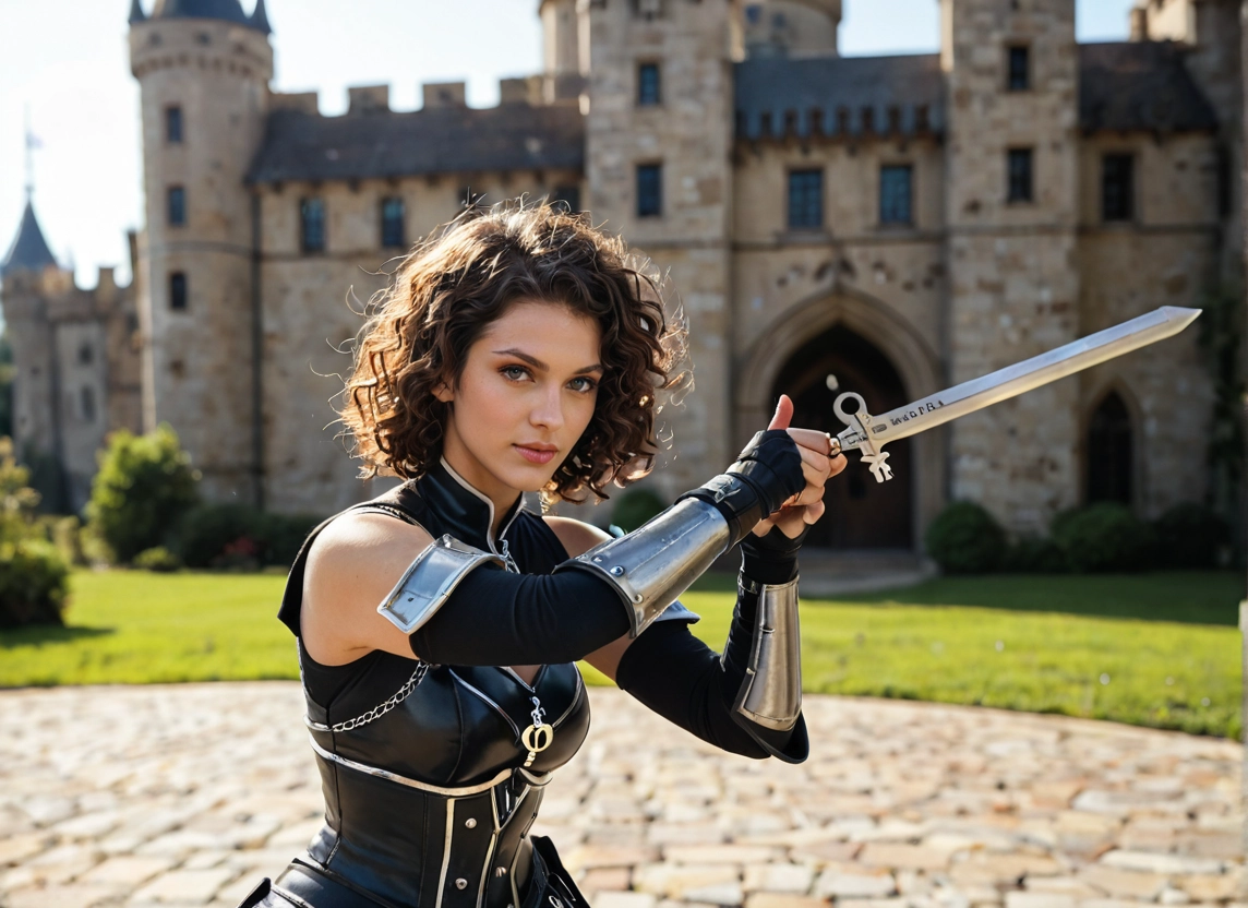 1girl, solo, weapon, holding, looking at viewer, outdoors · Yamete.gg