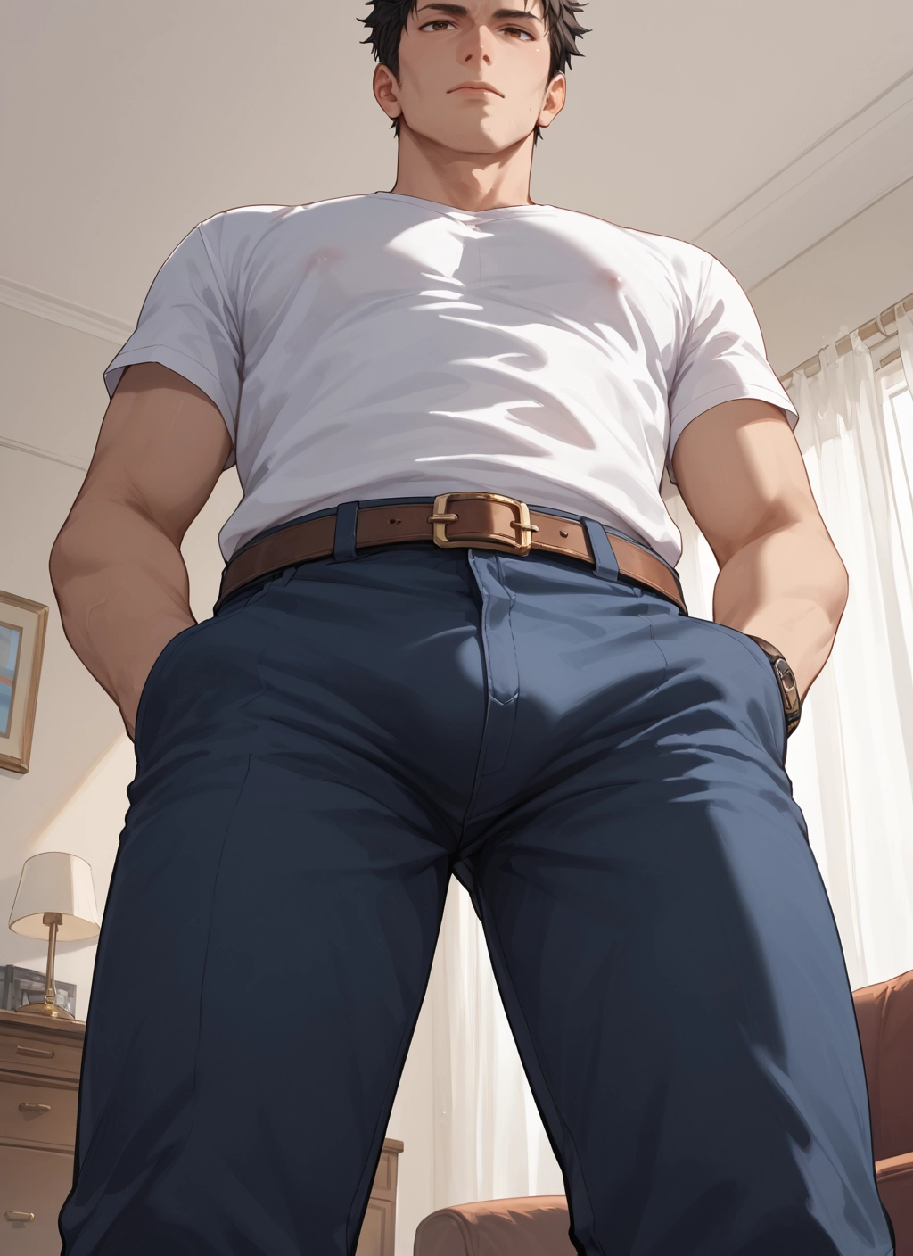 male focus, 1boy, solo, bulge, pants, shirt · Yamete.gg