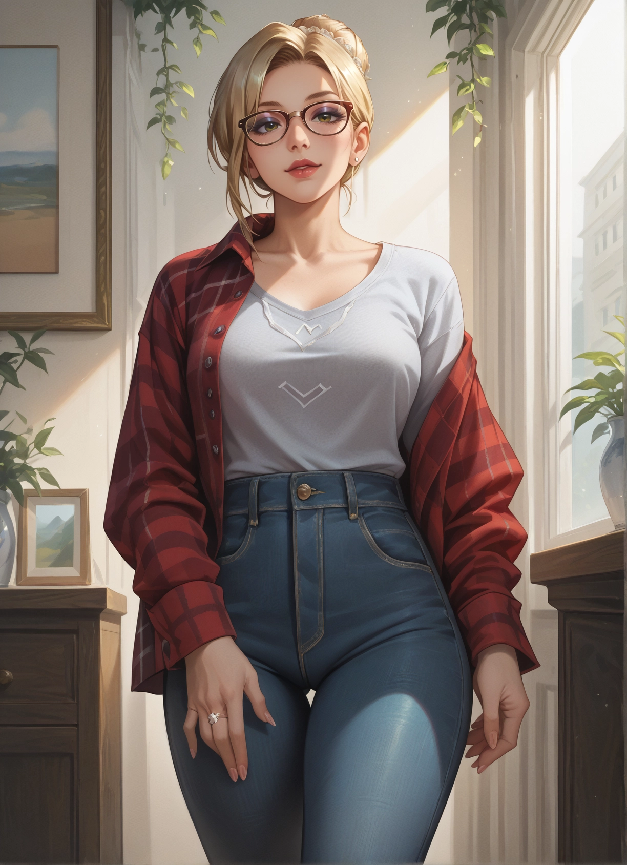 1girl, blonde hair, jewelry, pants, glasses, ring · Yamete.gg