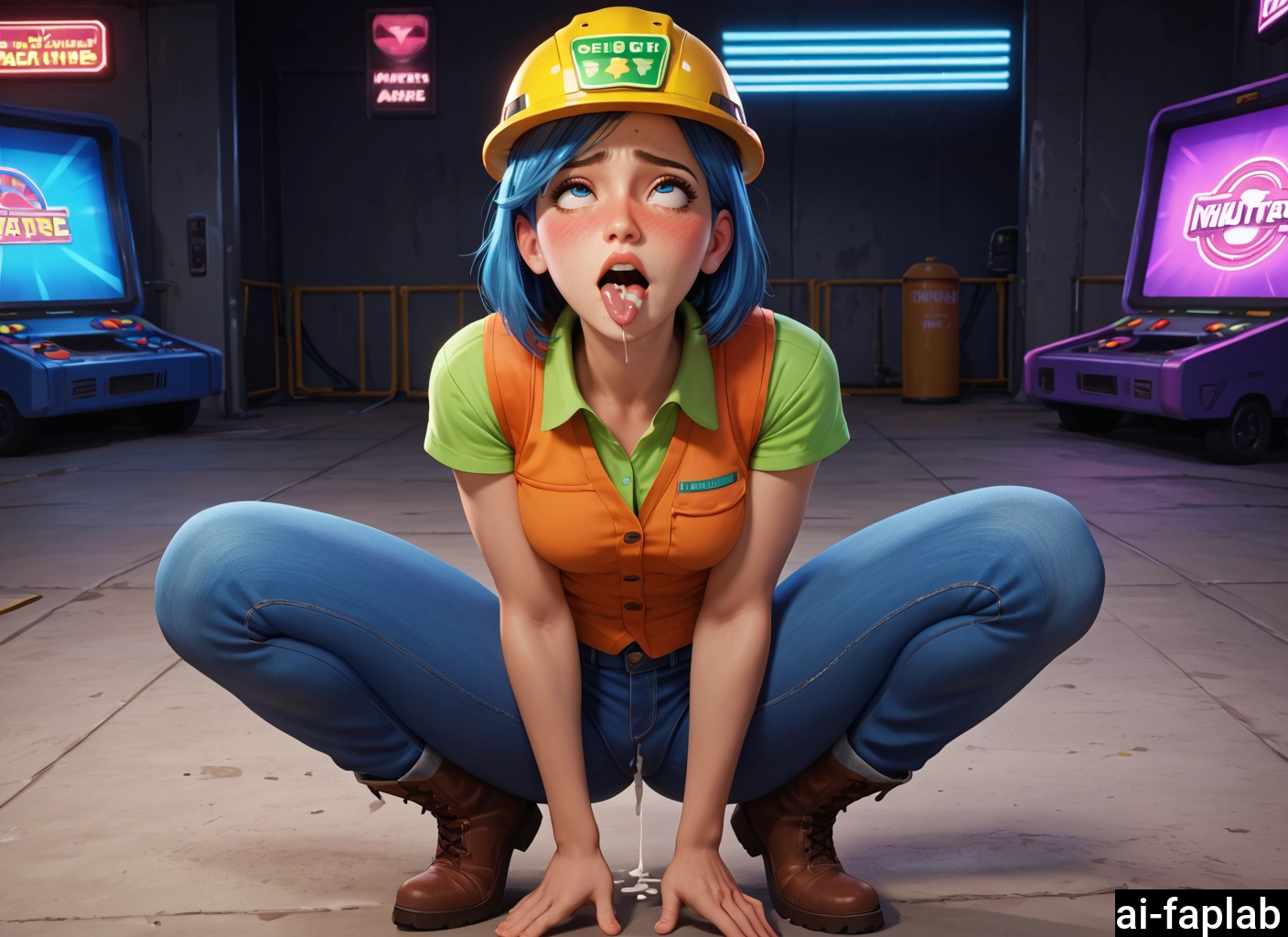 1girl, solo, helmet, squatting, boots, shirt · Yamete.gg