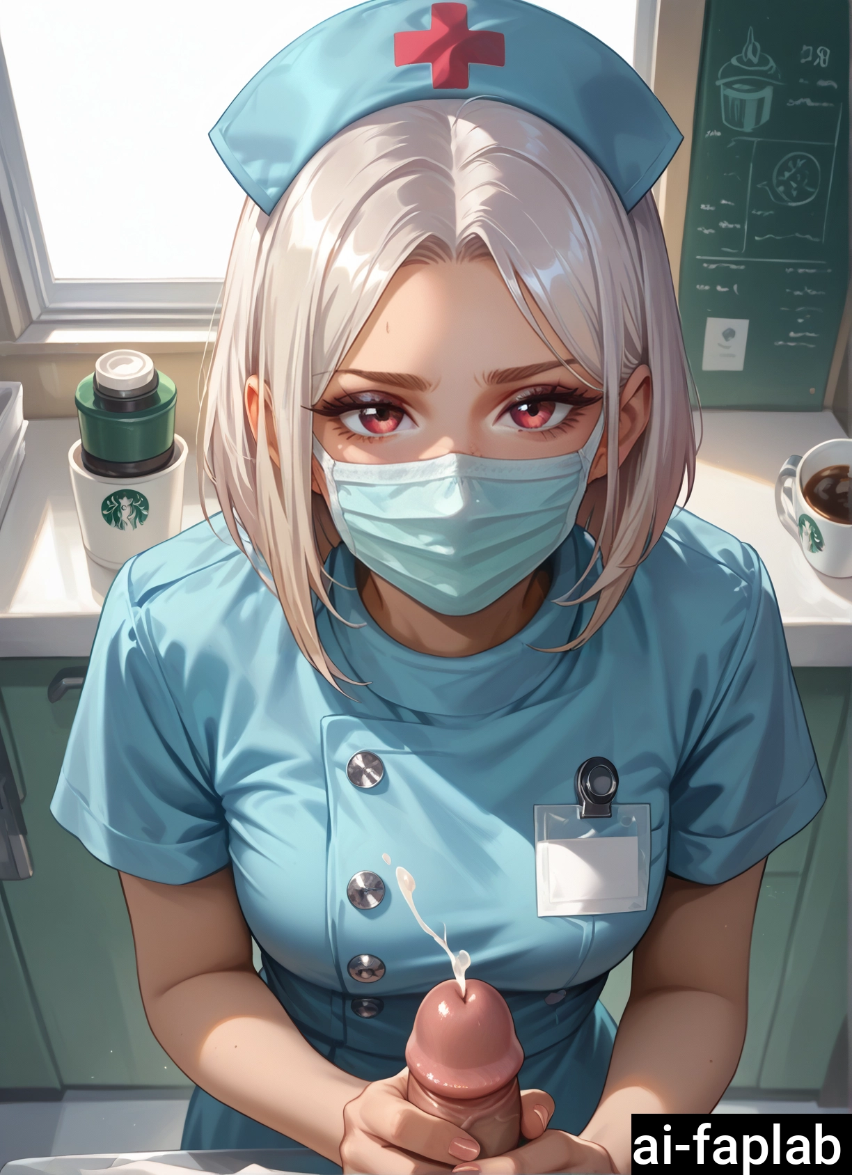 1girl, mouth mask, penis, hat, 1boy, looking at viewer · Yamete.gg